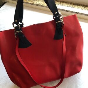 PULICATI Red Leather Shoulder Crossbody Tote Bag Navy Accents Made In Italy